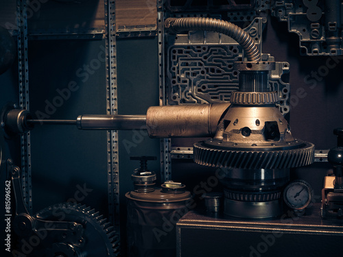 Closeup of construction mechanisms in steampunk.