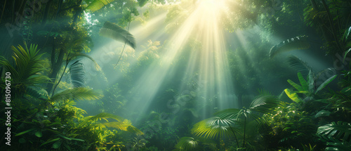 Sunlight filtering through mist and foliage in a surreal rainforest scene, presenting a breathtaking and magical view of nature's radiant beauty