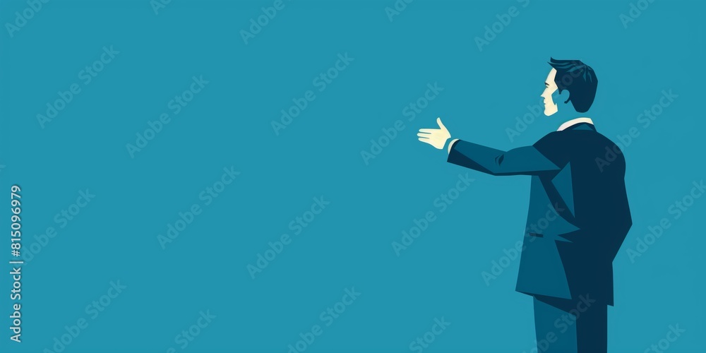 A graphic illustration of a businessman in a suit presenting with an outstretched hand against a blue background A graphic illustration of a businessman in a suit presenting with an outstretched hand against a blue background