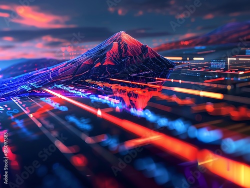 Futuristic 3D flag of Armenia  featuring digital Mount Ararat and ancient scripts in a hightech style