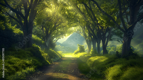 A Solitary Journey Through Nature: Serene Park Pathway Lined with Vibrant Greenery