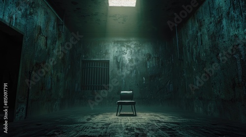A chair sitting in a dark room with a barred window. Suitable for interior design concepts