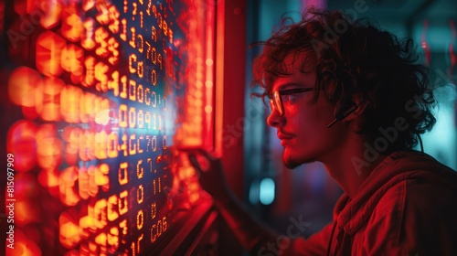 Young female in glasses looking at the big data screen