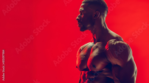 A man with a muscular body stands in front of a red background