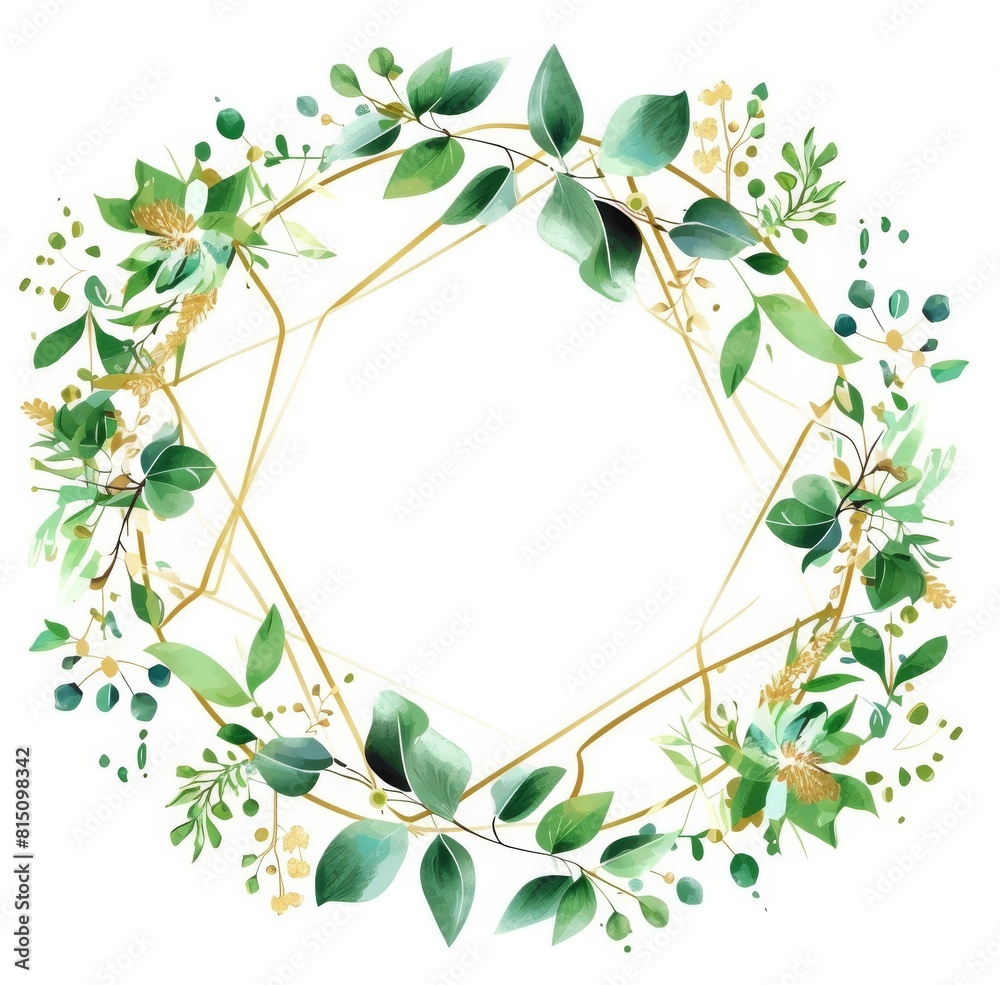 Handdrawn gold and green geometric wreath clipart 