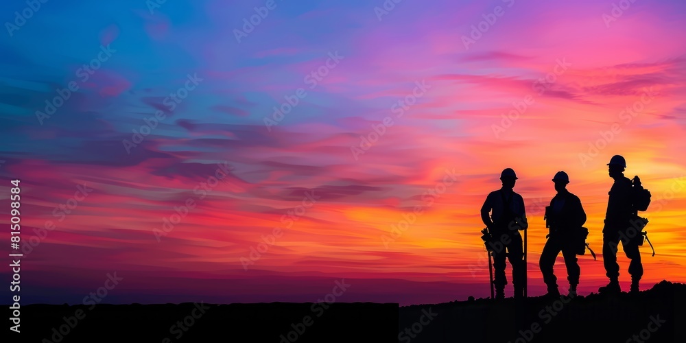 Silhouettes of a construction team with an overseeing engineer against a colorful sunset, featuring a blank space on the right for ads Silhouettes of a construction team with an overseeing engineer against a colorful sunset, featuring a blank space on the right for ads