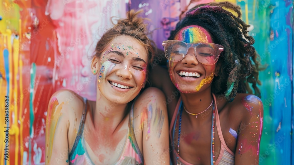 Fototapeta premium Joyful lesbian couple with rainbow colors painting their story of love