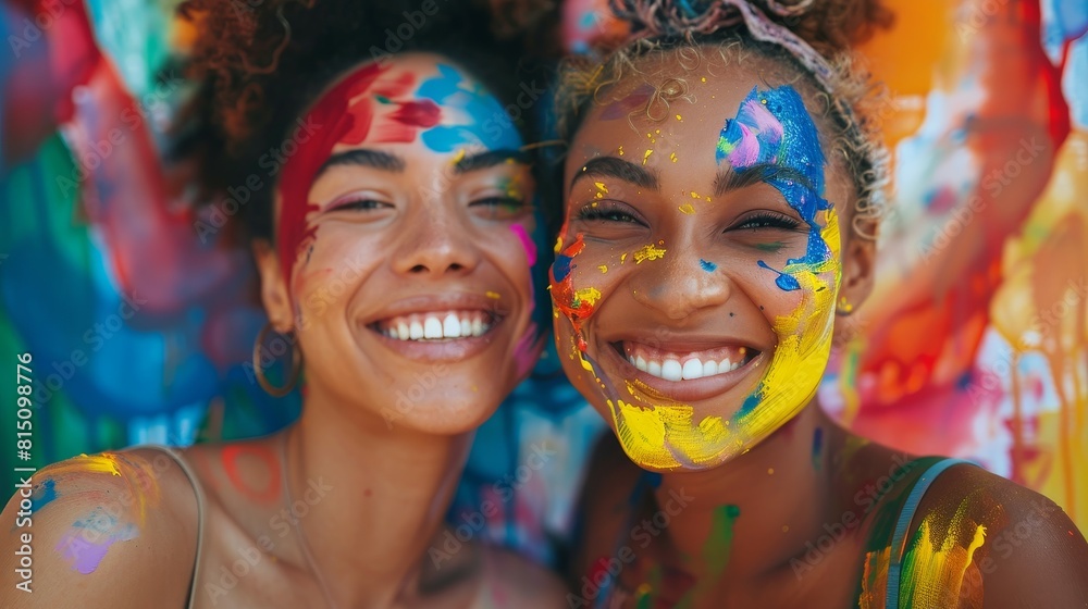 Obraz premium Joyful lesbian couple with rainbow colors painting their story of love