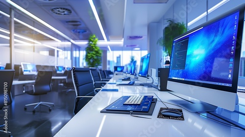 Sharp Image of a Platinum Modern Office Equipped with High-End Computers for Software Development