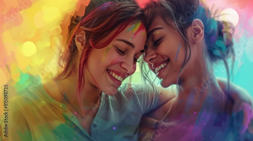 Joyful lesbian couple with rainbow colors painting their story of love