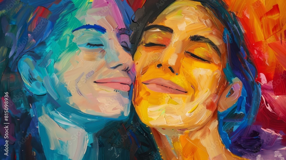 Obraz premium Joyful lesbian couple with rainbow colors painting their story of love