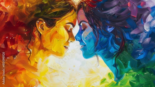 Joyful lesbian couple with rainbow colors painting their story of love photo