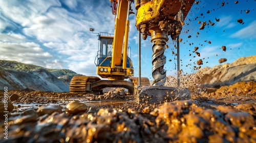 Vivid Photo of a Bright Yellow Earth Drill in Action, Highlighting Soil Sampling Techniques