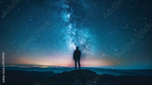 Lone man stands on a hill  silhouetted against a breathtaking starry night sky with a vibrant milky way