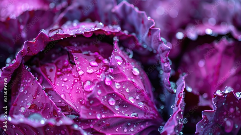 Obraz premium Close up of Red Cabbage with droplets of water on a farm field