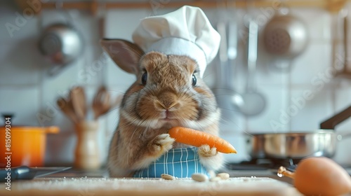 Rabbit Chef Playfully Poses with Carrot Knife in Softly Blurred Kitchen Setting photo