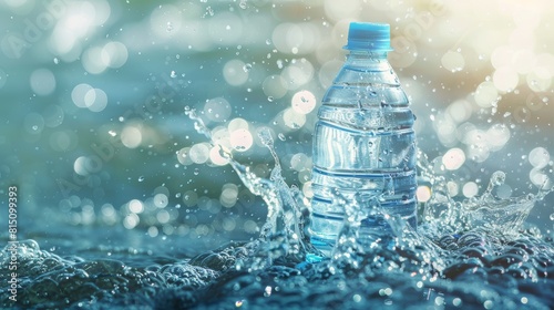 Water bottle with blue cap in vibrant splash, crystal-clear droplets on bokeh light background.