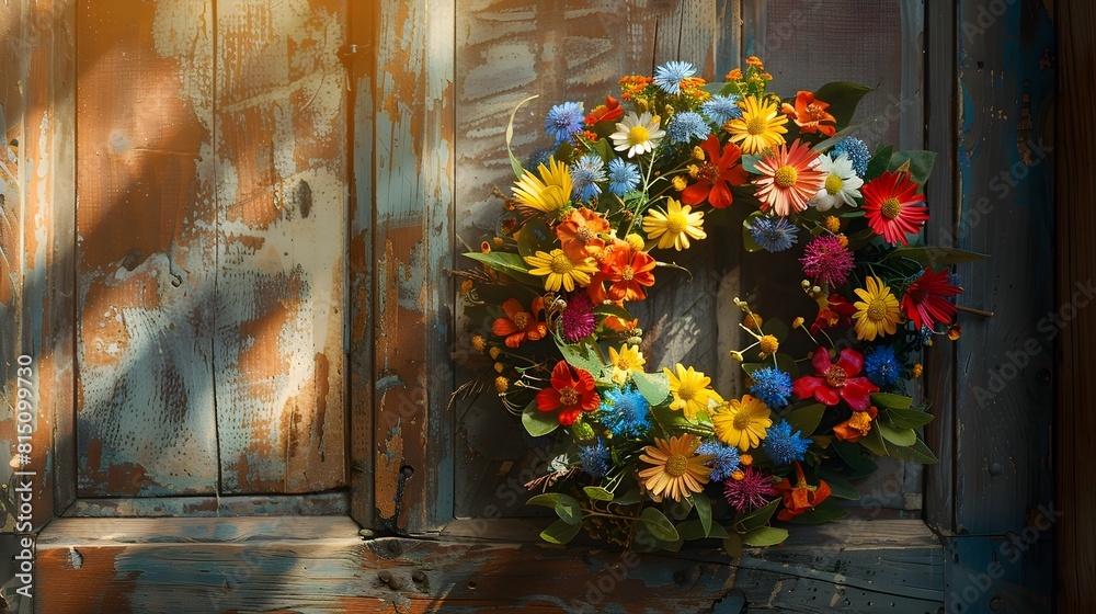Saint Johns Wreath of Vibrant Flowers and Herbs Adorning a Rustic Wooden Door in Warm Sunlight Saint Johns Wreath of Vibrant Flowers and Herbs Adorning a Rustic Wooden Door in Warm Sunlight