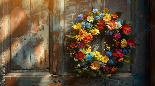 Saint Johns Wreath of Vibrant Flowers and Herbs Adorning a Rustic Wooden Door in Warm Sunlight photo