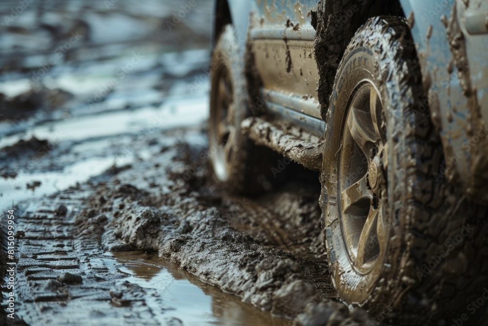 Naklejka premium A dirty car parked in mud. Suitable for automotive industry