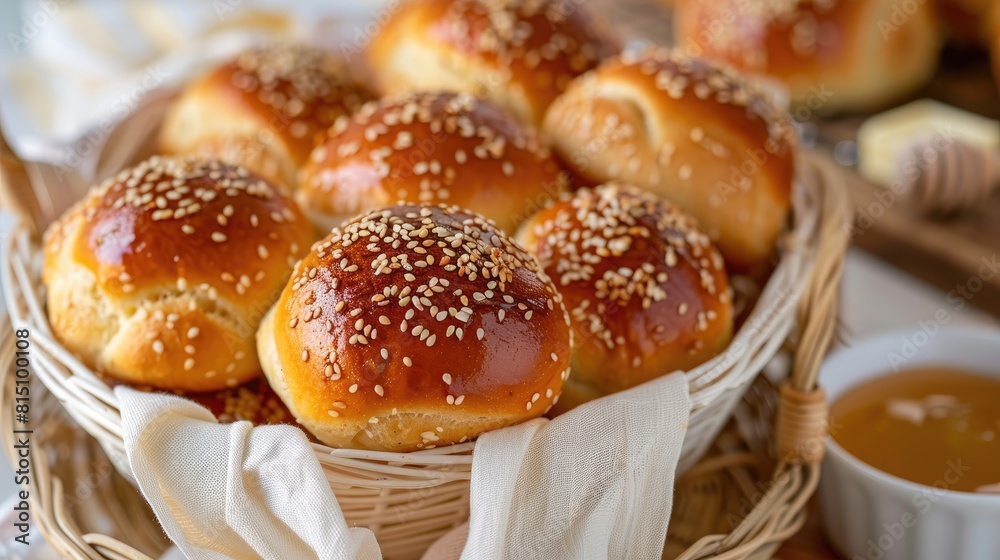 Freshly Baked Kaiser Rolls with Sesame Seeds in a White Basket Enjoying Breakfast with Rolls Butter and Honey