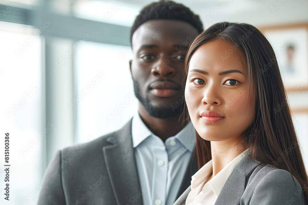Smiling business man and woman of different races indoors Smiling business man and woman of different races indoors