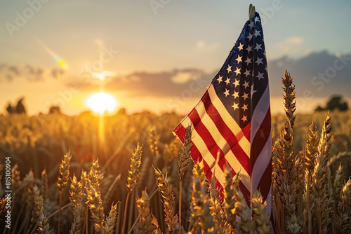 Field of golden wheat at sunset, Memorial Day with an American flag shaped like a praying soldier. photo