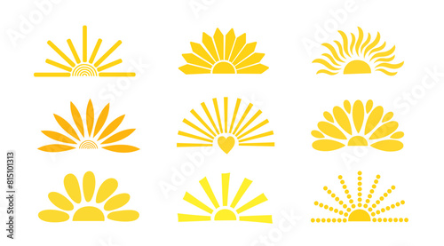 Simple yellow half sun hand drawn vector flat illustration with half-circle shape in middle, cute summer sunset, dawn image for logo, cards, decor, vacation concept, holiday, summertime kids design
