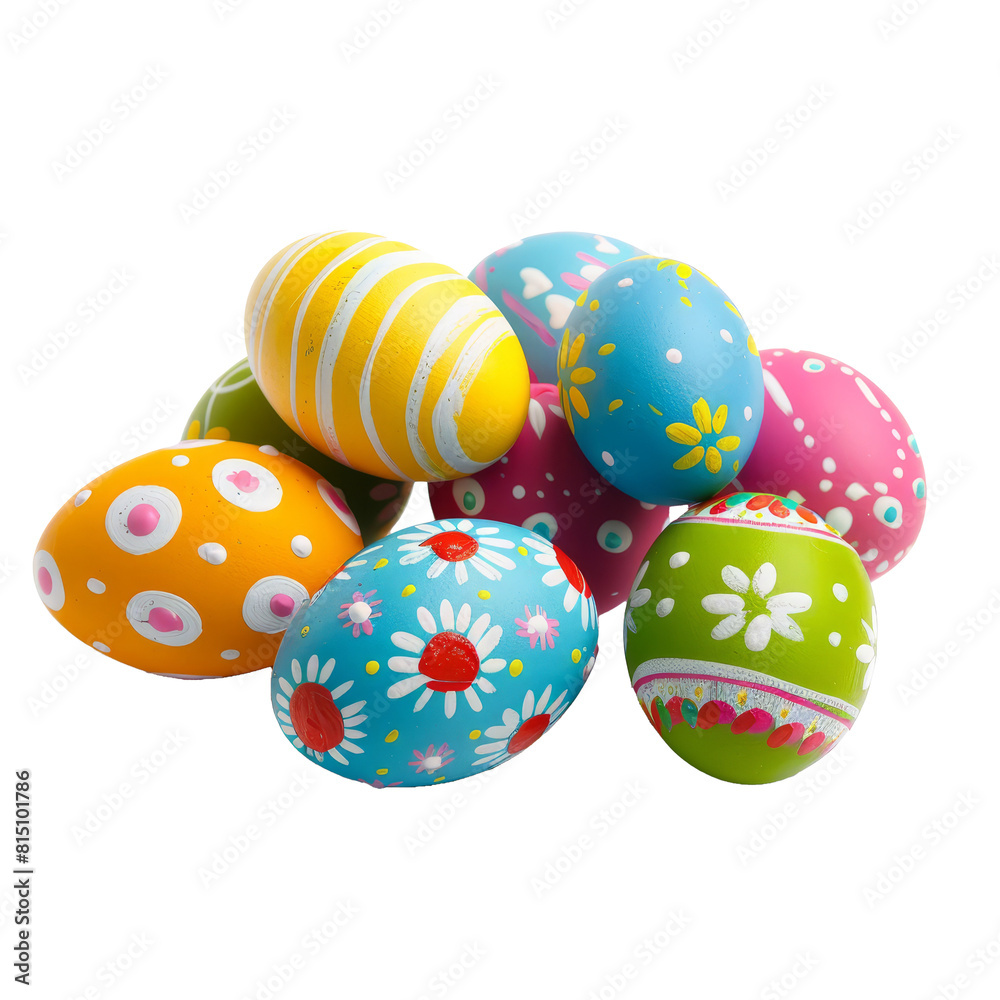 Fototapeta premium Colorful Easter eggs decorated with various patterns displayed on a clean white backdrop, a Colorful easter eggs isolated on transparent background