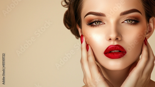 Beautiful model girl with elegant hairstyle . Woman with red lips and nails . Cosmetics  beauty and manicure on nails.