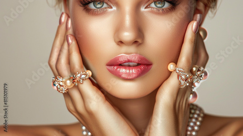 Beautiful woman with perfect make-up and manicure wearing jewellery.