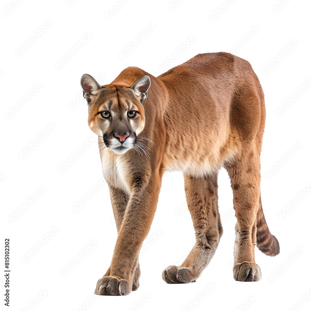 Obraz premium A mountain lion is pacing confidently in front of a plain white backdrop, a Beaver Isolated on a whitePNG Background