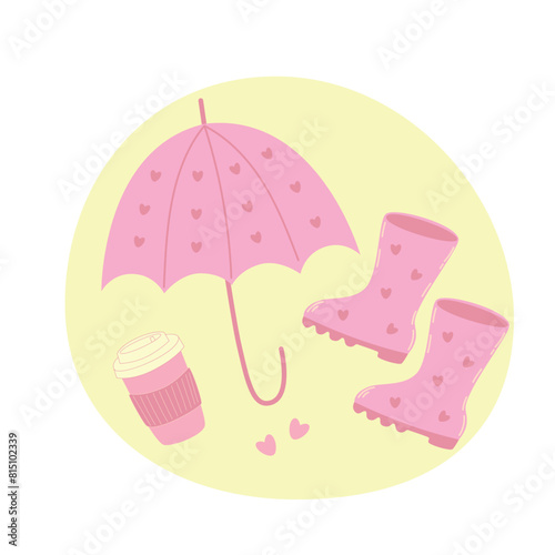 Vector set of autumn icons: umbrella, rubber boots, paper coffee cup in a modern pink barbicore color.