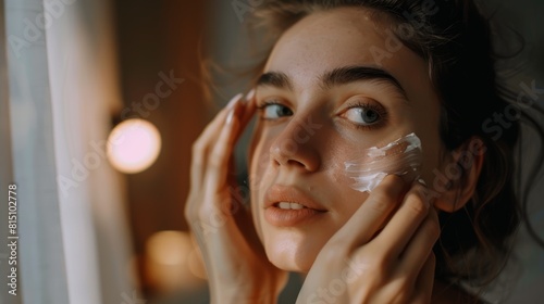 Young woman applying night cream in softly lit room. Close-up portrait with warm light ambiance. Evening skincare routine concept