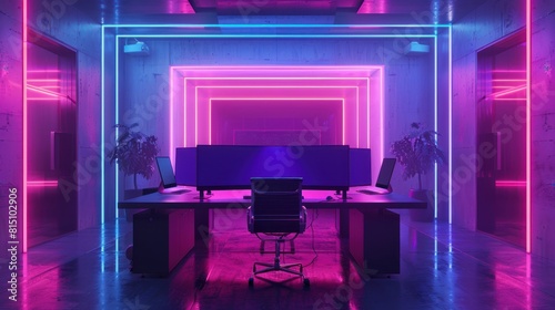 Open space modern cyberpunk office with Neon light metaverse futuristic concept. Generated AI image