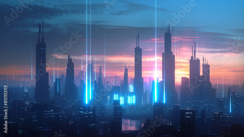 A futuristic city skyline silhouetted against a twilight sky, with neon lights casting a soft blue glow over the urban landscape.