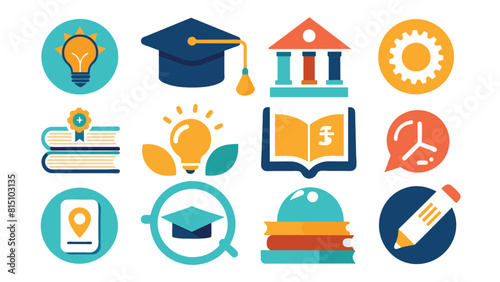 Education and Learning Flat Design Icons Set. Knowledge, University, School, Books, and Idea Concepts.