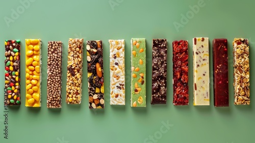 A collection of healthy snack bars laid out on a green backdrop, designed in a flat lay style with room for copy photo