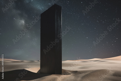 A mysterious black monolith rising from the desert sands  its smooth surface reflecting the faint light of distant stars.