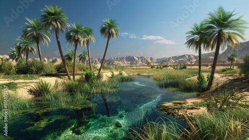 A serene green oasis nestled in the heart of a barren desert  with palm trees swaying in the breeze and a crystal-clear spring bubbling up from the earth.
