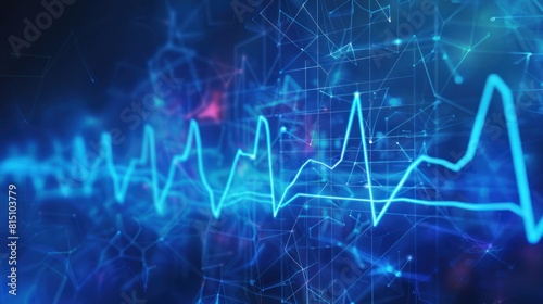 Digital visual of heartbeat pulse neon blue line, EKG cardio line on blue background. Generated AI