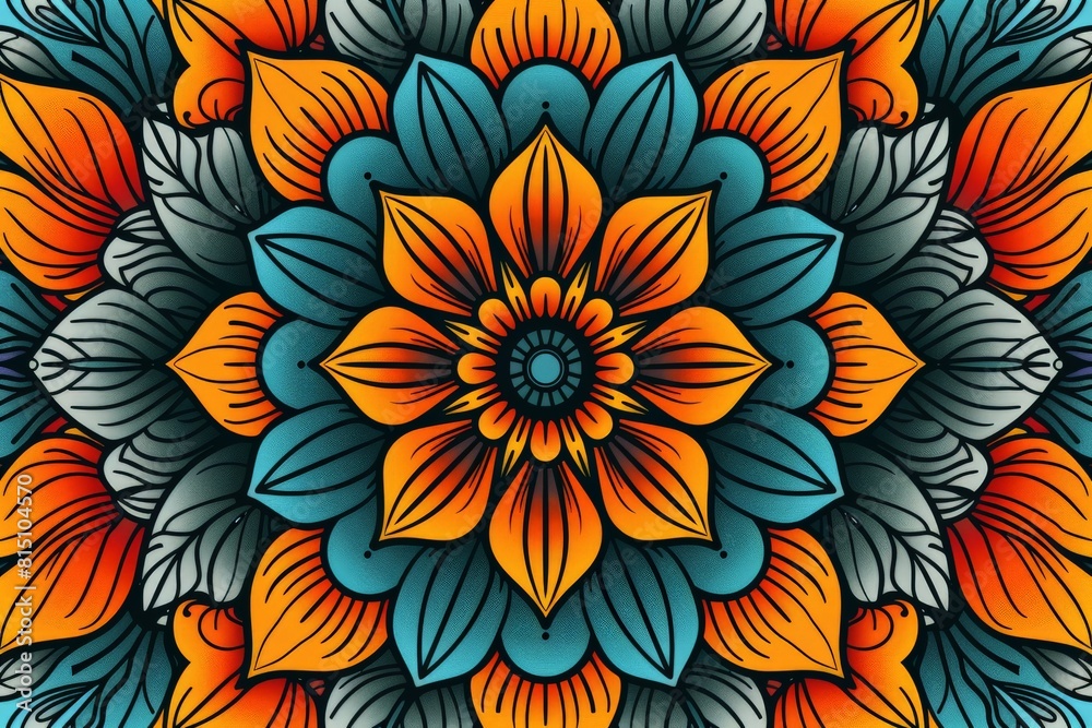 Orange and Blue Flower Pattern on Black Background
