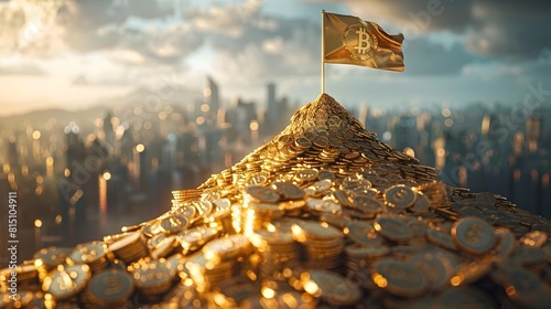 Financial Peak of Success A Majestic Mountain of Coins Culminating in a Corporate Flag at the Summit photo