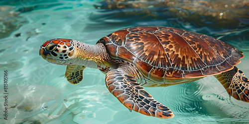 Sea turtle swimming in blue ocean.
