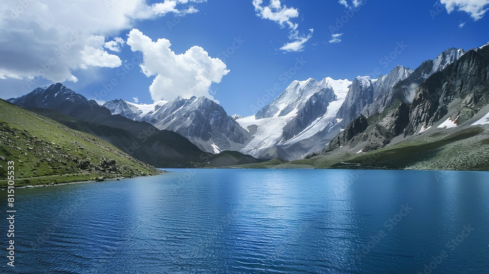 The image shows a beautiful mountain lake with snow-capped peaks in the distance