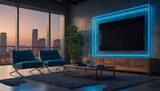 Smart TV and blue neon lights in sleek modern interior, 3d render. Generative ai.