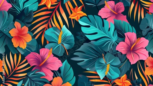 Vibrant pink, teal and orange tropical leaves and flowers A bright summer background features colorful foliage Generative AI © SKIMP Art