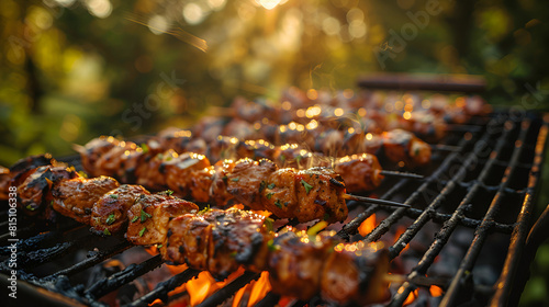 Skewers are grilled on a barbecue at a picnic