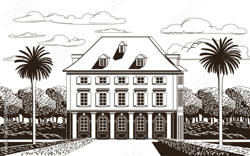 Traditional romantic old chateau with a garden, flowering beds, palms in the background. Graphic monochrome landscape. Engraved hand drawn old sketch vector.