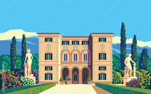 Traditional romantic old chateau with garden, statues, flowering beds and trees. Handmade drawing vector illustration.